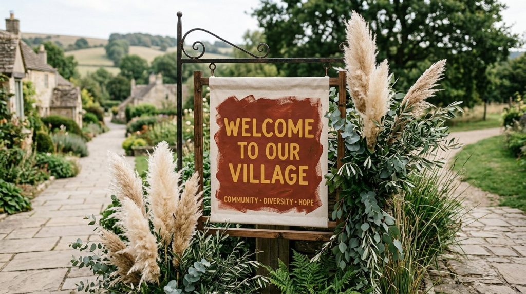 A stylish terracotta colored welcome sign displayed at a modern wedding venue entrance.