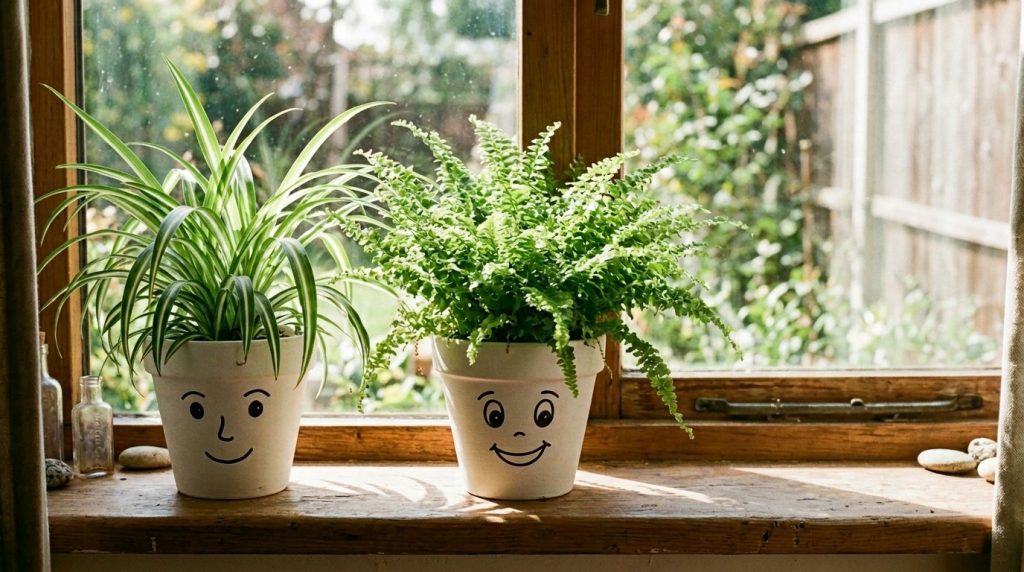 A close up arrangement of three distinct decorative ceramic plant pots on a bright surface.