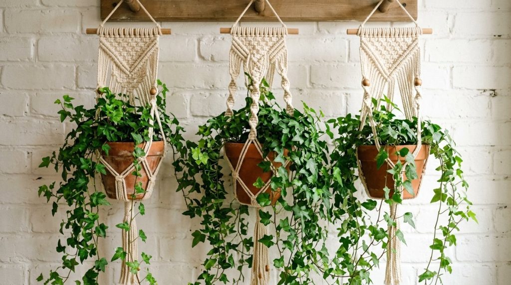 Three white macrame planters hanging at different heights against a neutral background.