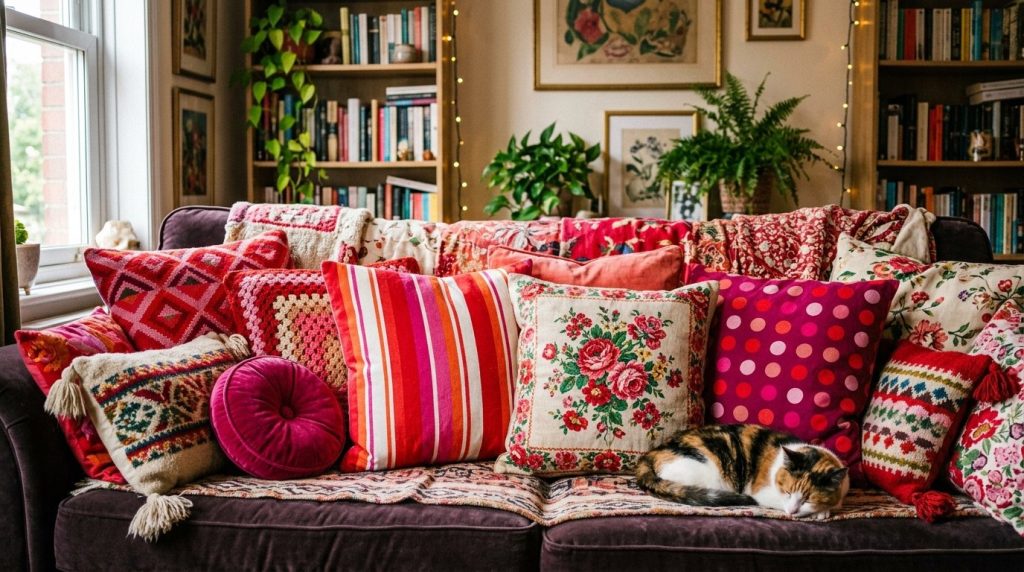 A tastefully decorated thrifted sofa featuring vintage throw pillows in a cozy living room.