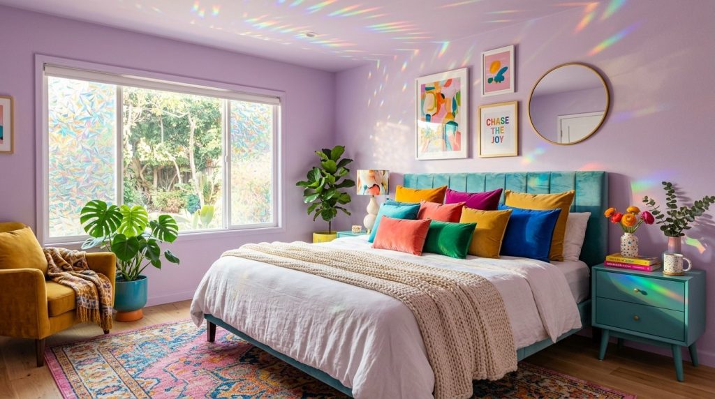 Vibrant purple bedroom with rainbow light reflections, a teal bed with colorful pillows, a yellow chair, and lush plants.