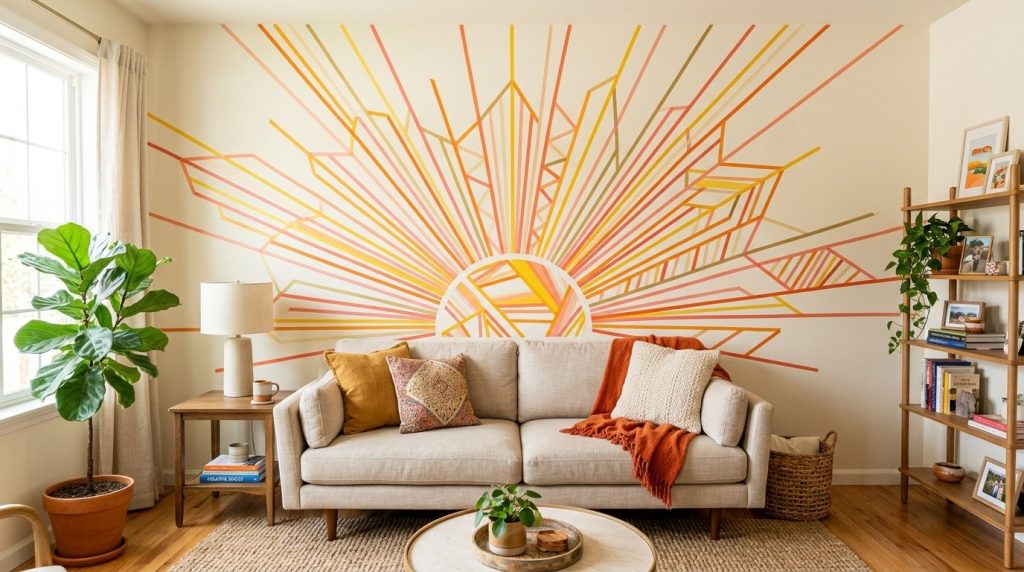 Close up view of a colorful sunburst mural painted on a textured outdoor brick wall.