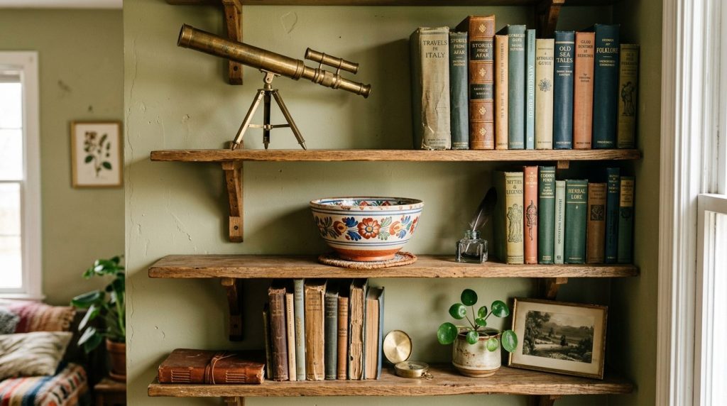 Rustic wooden shelves on a sage green wall holding a brass telescope, vintage books, a patterned bowl, and small plants.