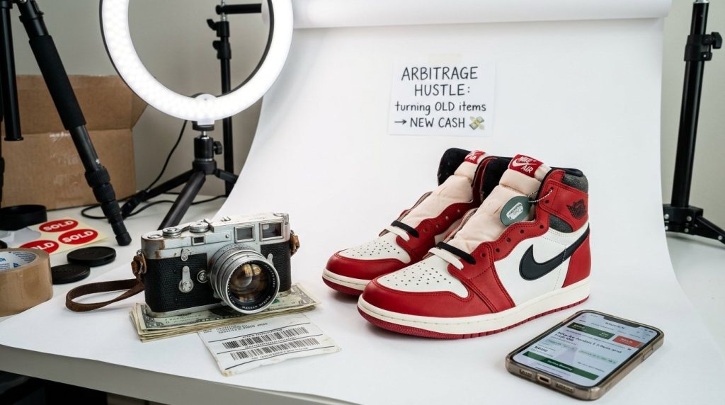 A close-up photograph of a classic vintage camera resting on a rustic wooden table.