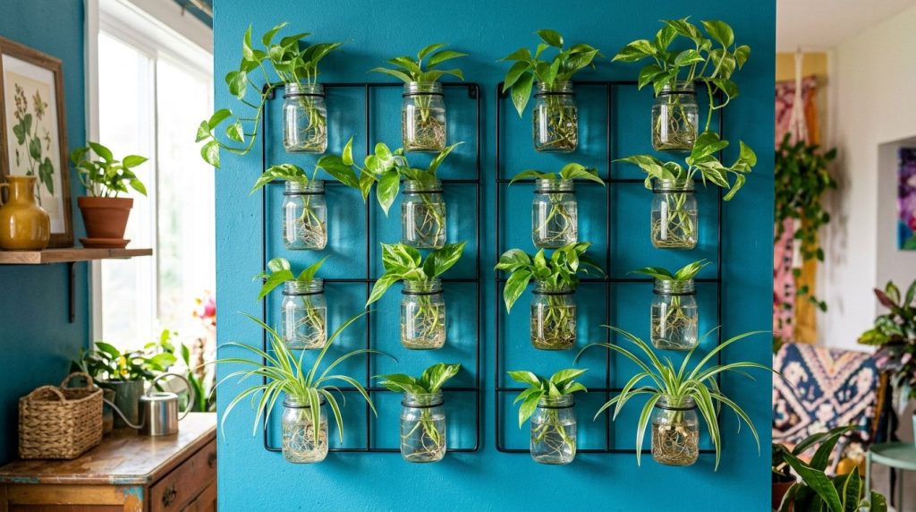 Glass jars mounted on a wall used for propagating small plant cuttings in water.