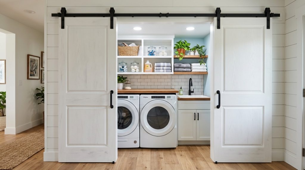 Modern laundry room hidden behind white sliding barn doors, featuring white appliances, wood counters, and organized shelving.