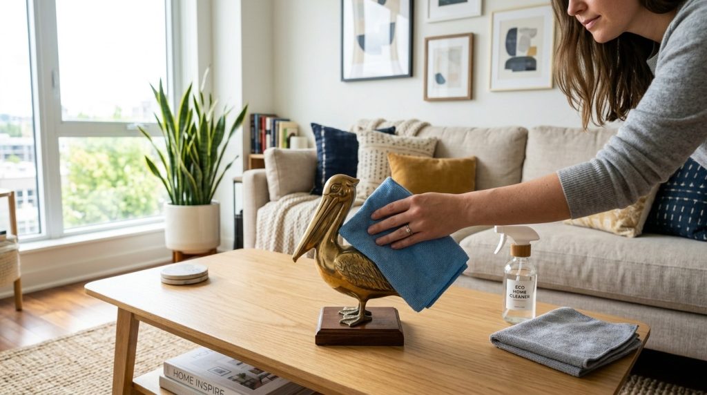 A woman cleans a brass pelican statue on a wooden coffee table in a bright living room using a blue cloth and spray bottle.