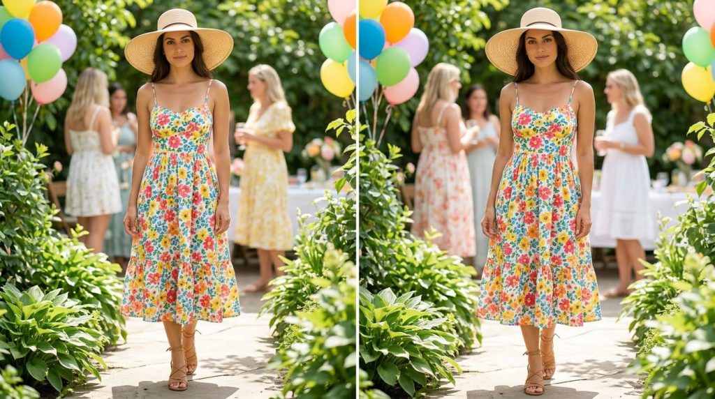 A woman wearing a colorful floral sundress and a wide straw hat walks outdoors at a garden party with colorful balloons.