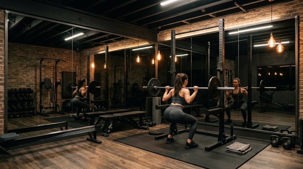 A woman performs a barbell back squat in a moody home gym with brick walls, wood floors, and large mirrors.