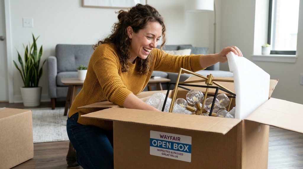 A woman in a yellow sweater happily unboxes a modern geometric chandelier from a Wayfair Open Box in her living room.