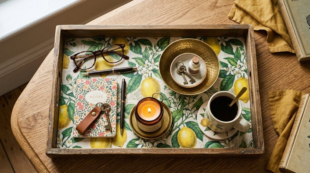 A high-quality wooden tray arranged on a clean surface for home decor presentation.