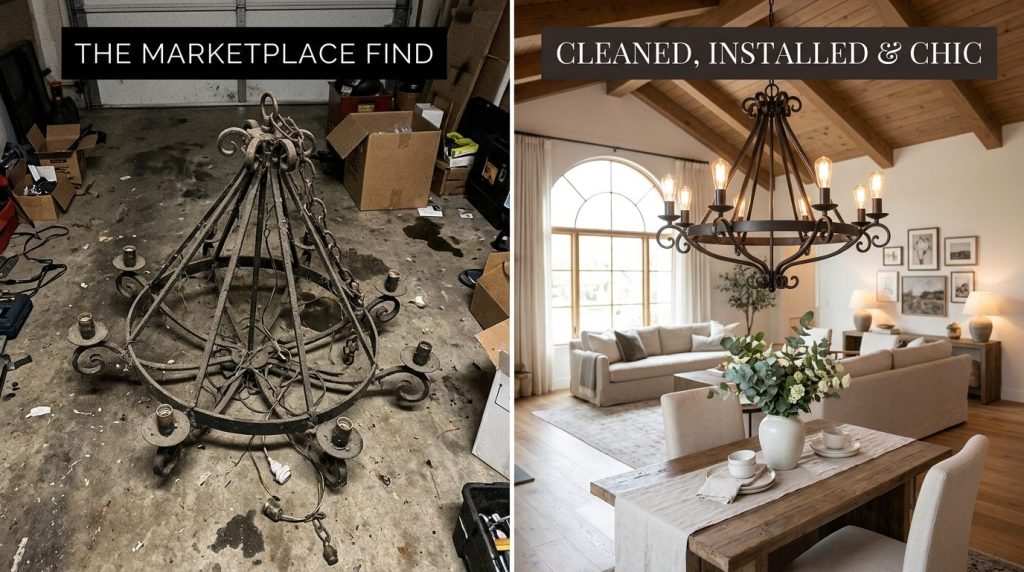 Before and after showing a dirty wrought iron chandelier find in a garage restored into a stylish centerpiece for a home.