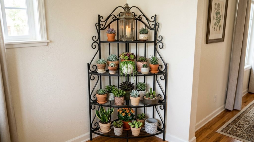Black wrought-iron corner shelf filled with various potted succulents and a lantern in a bright room.