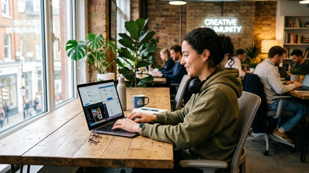 A young professional working diligently on a laptop in a bright modern office setting.