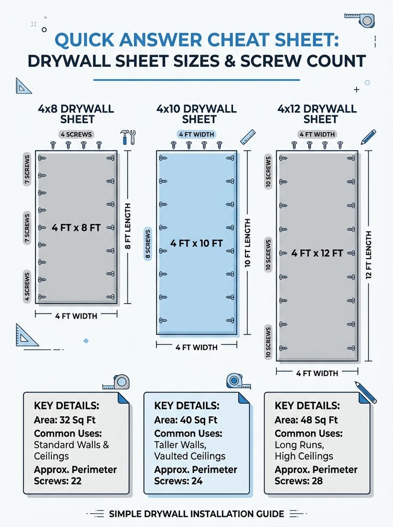 How Many Screws Per Sheet of Drywall? (4×8, 4×10 & 4×12 Spacing Guide + Calculator)